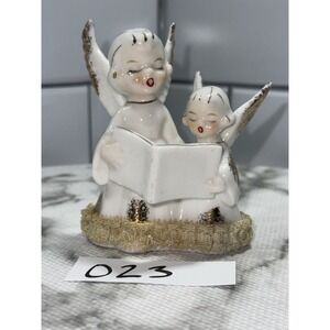 Vintage Japan Angel Choir Figurine Pair Singing w Hymnal Gold Fleck Lace Base